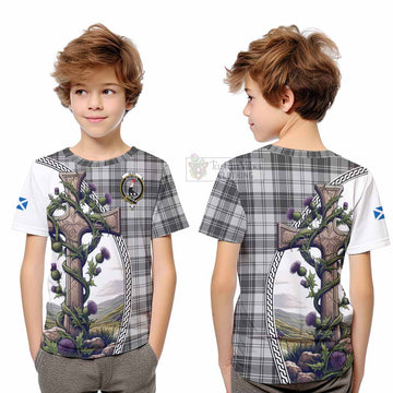 Glen Tartan Kid T-Shirt with Family Crest and St. Andrew's Cross Accented by Thistle Vines