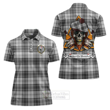 Glen Tartan Women's Polo Shirt with Family Crest and Bearded Skull Holding Bottles of Whiskey