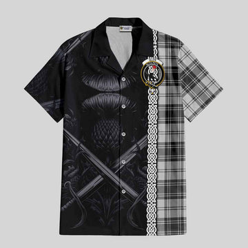 Glen Tartan Short Sleeve Button Shirt with Family Crest Cross Sword Thistle Celtic Vibes