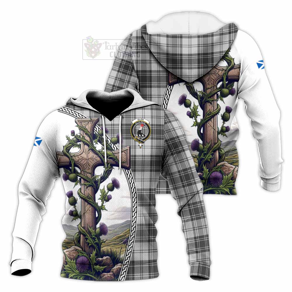 Tartan Vibes Clothing Glen Tartan Knitted Hoodie with Family Crest and St. Andrew's Cross Accented by Thistle Vines