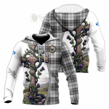 Glen Tartan Knitted Hoodie with Family Crest and St. Andrew's Cross Accented by Thistle Vines