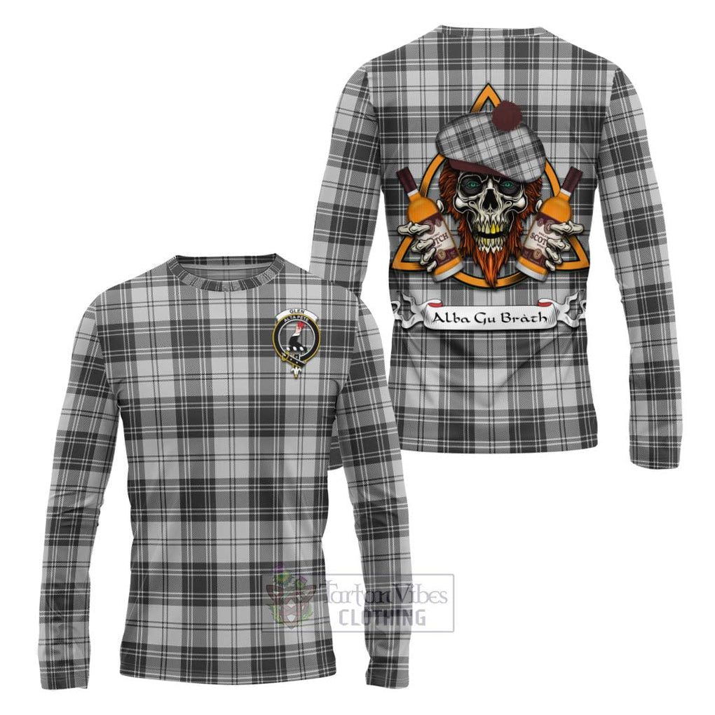 Tartan Vibes Clothing Glen Tartan Long Sleeve T-Shirt with Family Crest and Bearded Skull Holding Bottles of Whiskey