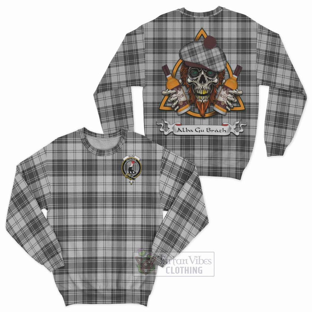 Tartan Vibes Clothing Glen Tartan Sweatshirt with Family Crest and Bearded Skull Holding Bottles of Whiskey