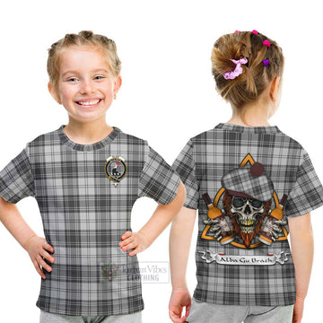 Glen Tartan Kid T-Shirt with Family Crest and Bearded Skull Holding Bottles of Whiskey