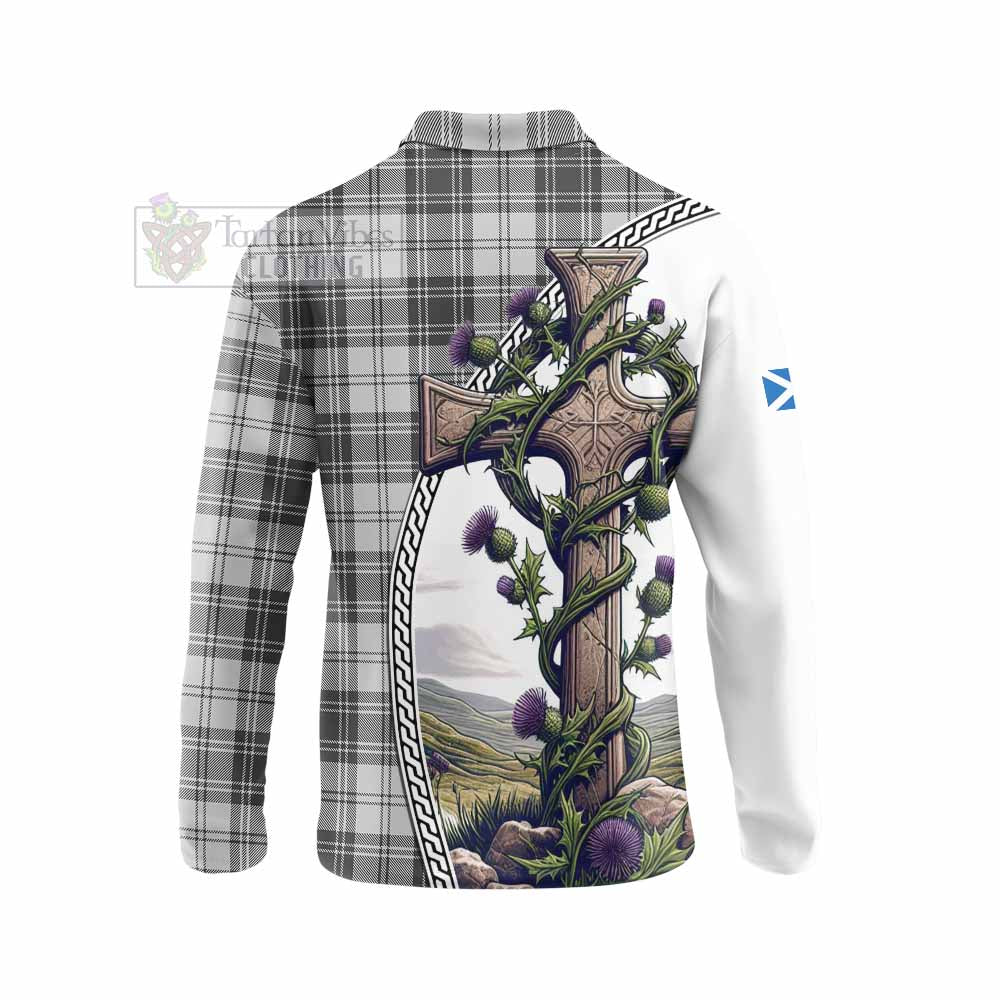 Tartan Vibes Clothing Glen Tartan Long Sleeve Polo Shirt with Family Crest and St. Andrew's Cross Accented by Thistle Vines