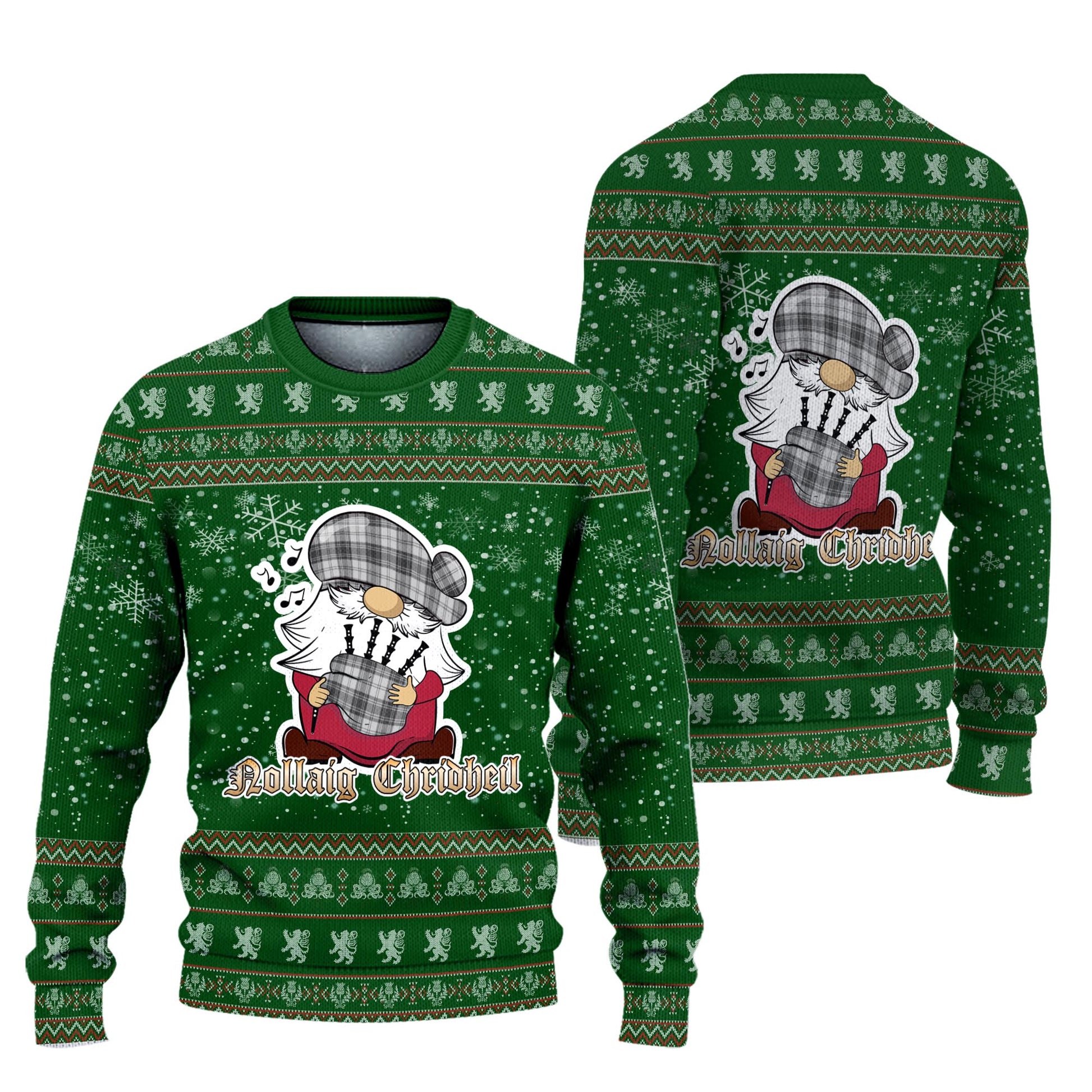 Glen Clan Christmas Family Knitted Sweater with Funny Gnome Playing Bagpipes Unisex Green - Tartanvibesclothing