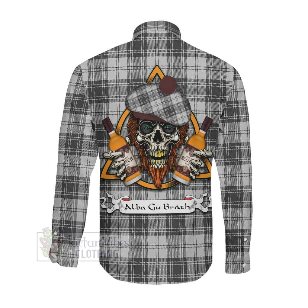 Tartan Vibes Clothing Glen Tartan Long Sleeve Button Shirt with Family Crest and Bearded Skull Holding Bottles of Whiskey