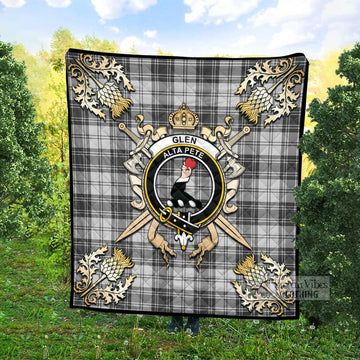 Glen Tartan Quilt with Family Crest and Golden Thistle Crossed Sword Design