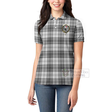 Glen Tartan Women's Polo Shirt with Family Crest and Bearded Skull Holding Bottles of Whiskey