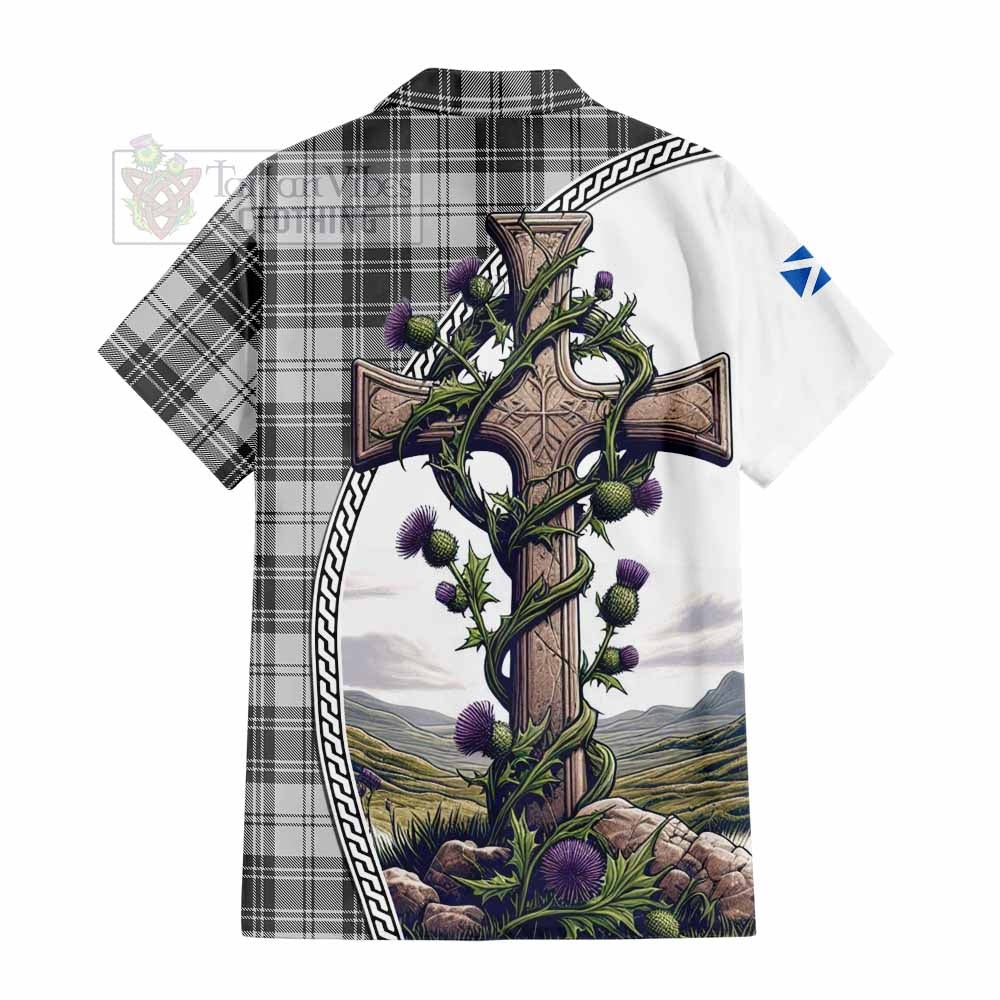 Tartan Vibes Clothing Glen Tartan Short Sleeve Button Shirt with Family Crest and St. Andrew's Cross Accented by Thistle Vines