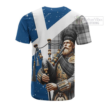 Glen Tartan Cotton T-shirt with Family Crest Scottish Bagpiper Vibes