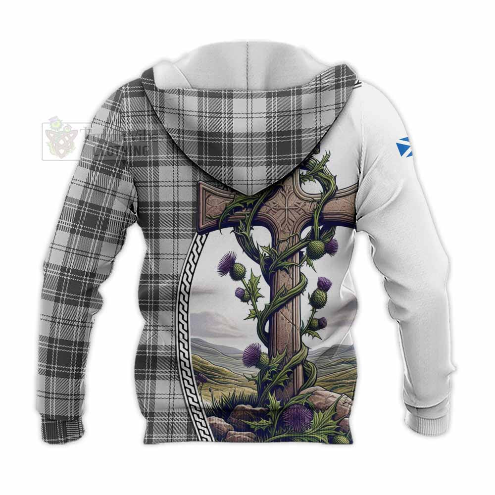 Tartan Vibes Clothing Glen Tartan Knitted Hoodie with Family Crest and St. Andrew's Cross Accented by Thistle Vines