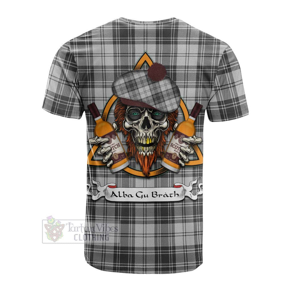 Tartan Vibes Clothing Glen Tartan Cotton T-shirt with Family Crest and Bearded Skull Holding Bottles of Whiskey