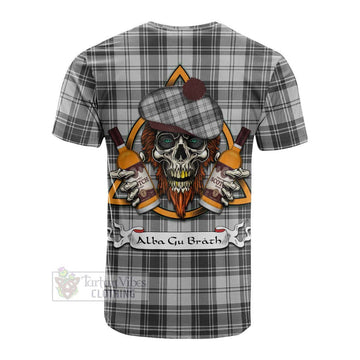 Glen Tartan Cotton T-shirt with Family Crest and Bearded Skull Holding Bottles of Whiskey