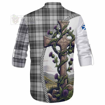 Glen Tartan Ghillie Kilt Shirt with Family Crest and St. Andrew's Cross Accented by Thistle Vines