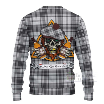 Glen Tartan Ugly Sweater with Family Crest and Bearded Skull Holding Bottles of Whiskey