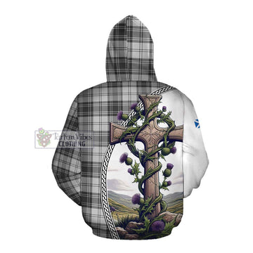 Glen Tartan Cotton Hoodie with Family Crest and St. Andrew's Cross Accented by Thistle Vines Pullover Hoodie - Tartan Vibes Clothing