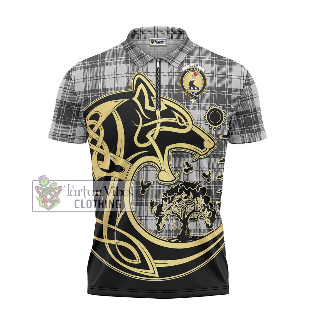 Glen Tartan Zipper Polo Shirt with Family Crest Celtic Wolf Style - Tartanvibesclothing Shop