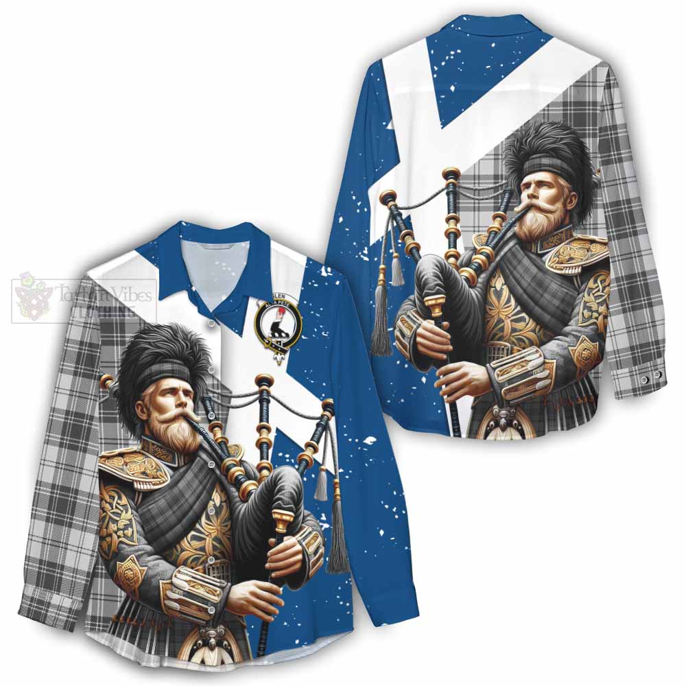 Tartan Vibes Clothing Glen Tartan Women's Casual Shirt with Family Crest Scottish Bagpiper Vibes