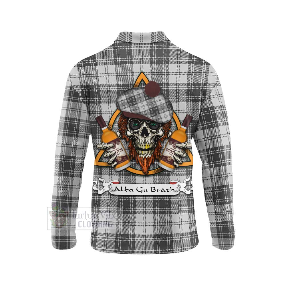 Tartan Vibes Clothing Glen Tartan Long Sleeve Polo Shirt with Family Crest and Bearded Skull Holding Bottles of Whiskey