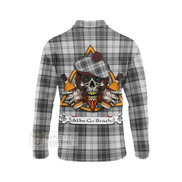 Glen Tartan Long Sleeve Polo Shirt with Family Crest and Bearded Skull Holding Bottles of Whiskey