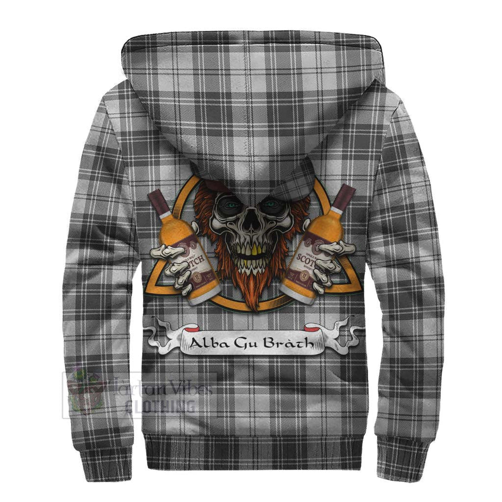 Tartan Vibes Clothing Glen Tartan Sherpa Hoodie with Family Crest and Bearded Skull Holding Bottles of Whiskey