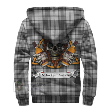 Glen Tartan Sherpa Hoodie with Family Crest and Bearded Skull Holding Bottles of Whiskey