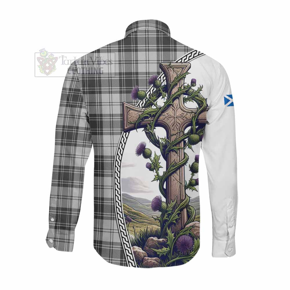 Tartan Vibes Clothing Glen Tartan Long Sleeve Button Shirt with Family Crest and St. Andrew's Cross Accented by Thistle Vines