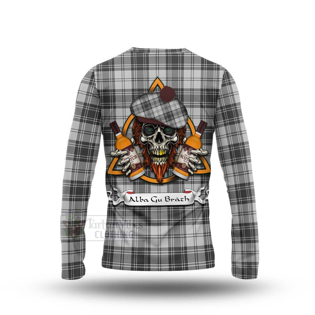 Tartan Vibes Clothing Glen Tartan Long Sleeve T-Shirt with Family Crest and Bearded Skull Holding Bottles of Whiskey