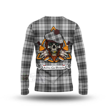 Glen Tartan Long Sleeve T-Shirt with Family Crest and Bearded Skull Holding Bottles of Whiskey