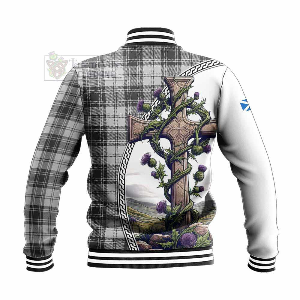 Tartan Vibes Clothing Glen Tartan Baseball Jacket with Family Crest and St. Andrew's Cross Accented by Thistle Vines