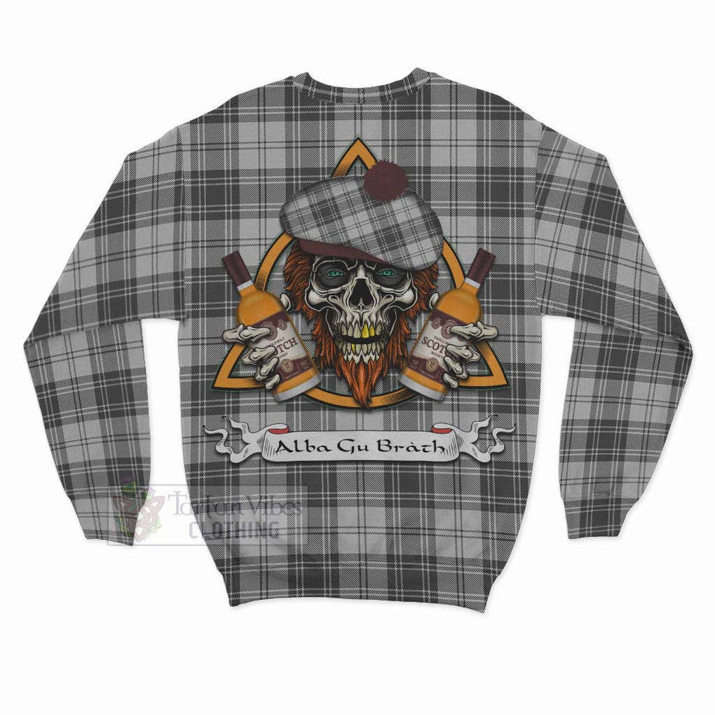 Tartan Vibes Clothing Glen Tartan Sweatshirt with Family Crest and Bearded Skull Holding Bottles of Whiskey