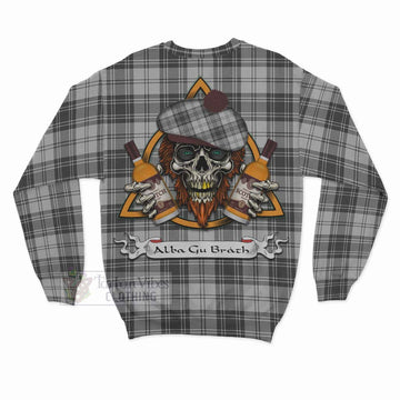 Glen Tartan Sweatshirt with Family Crest and Bearded Skull Holding Bottles of Whiskey