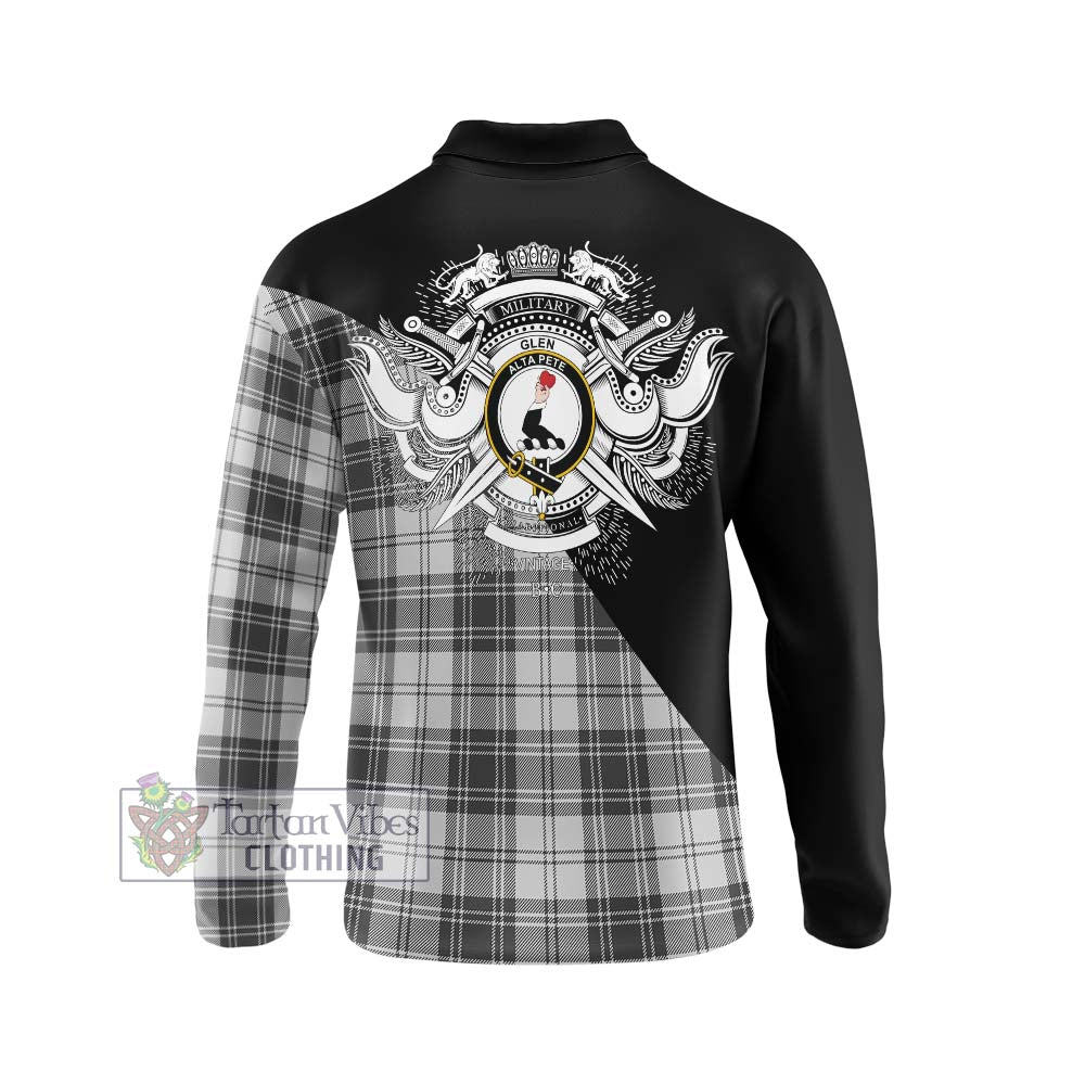 Glen Tartan Long Sleeve Polo Shirt with Family Crest and Military Logo Style - Tartanvibesclothing Shop