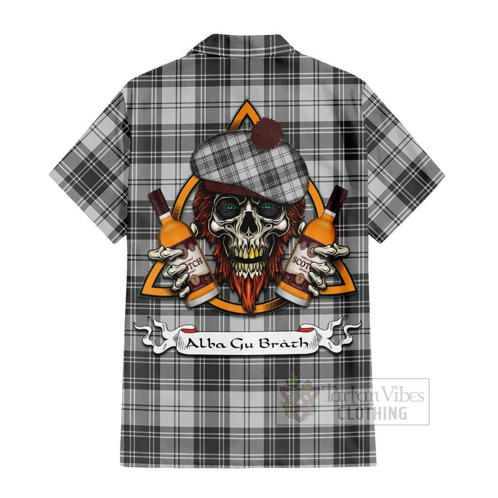 Tartan Vibes Clothing Glen Tartan Short Sleeve Button Shirt with Family Crest and Bearded Skull Holding Bottles of Whiskey