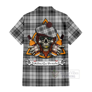 Glen Tartan Short Sleeve Button Shirt with Family Crest and Bearded Skull Holding Bottles of Whiskey