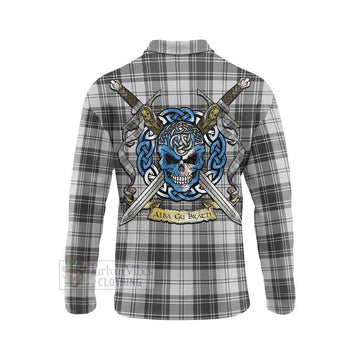 Glen Tartan Long Sleeve Polo Shirt with Family Crest Celtic Skull Style