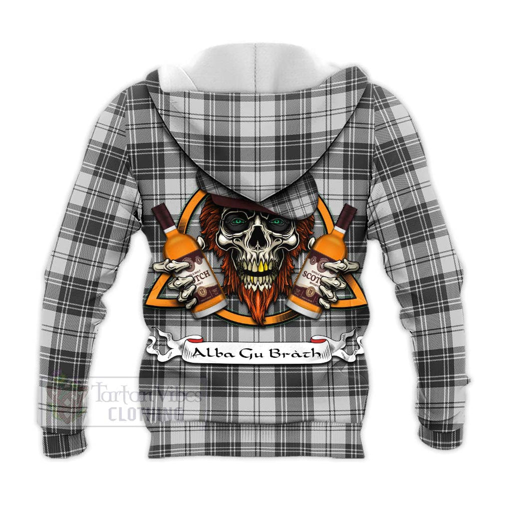 Tartan Vibes Clothing Glen Tartan Knitted Hoodie with Family Crest and Bearded Skull Holding Bottles of Whiskey