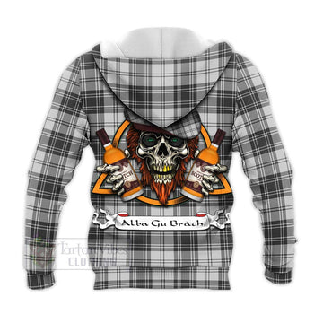 Glen Tartan Knitted Hoodie with Family Crest and Bearded Skull Holding Bottles of Whiskey