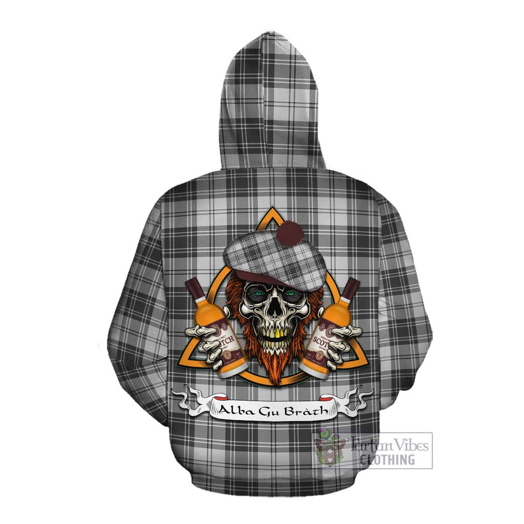 Tartan Vibes Clothing Glen Tartan Cotton Hoodie with Family Crest and Bearded Skull Holding Bottles of Whiskey