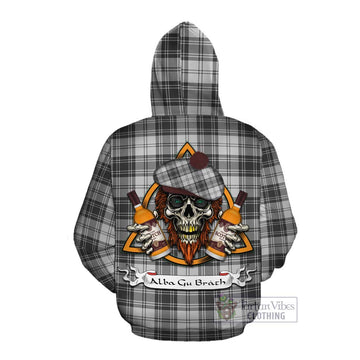 Glen Tartan Cotton Hoodie with Family Crest and Bearded Skull Holding Bottles of Whiskey