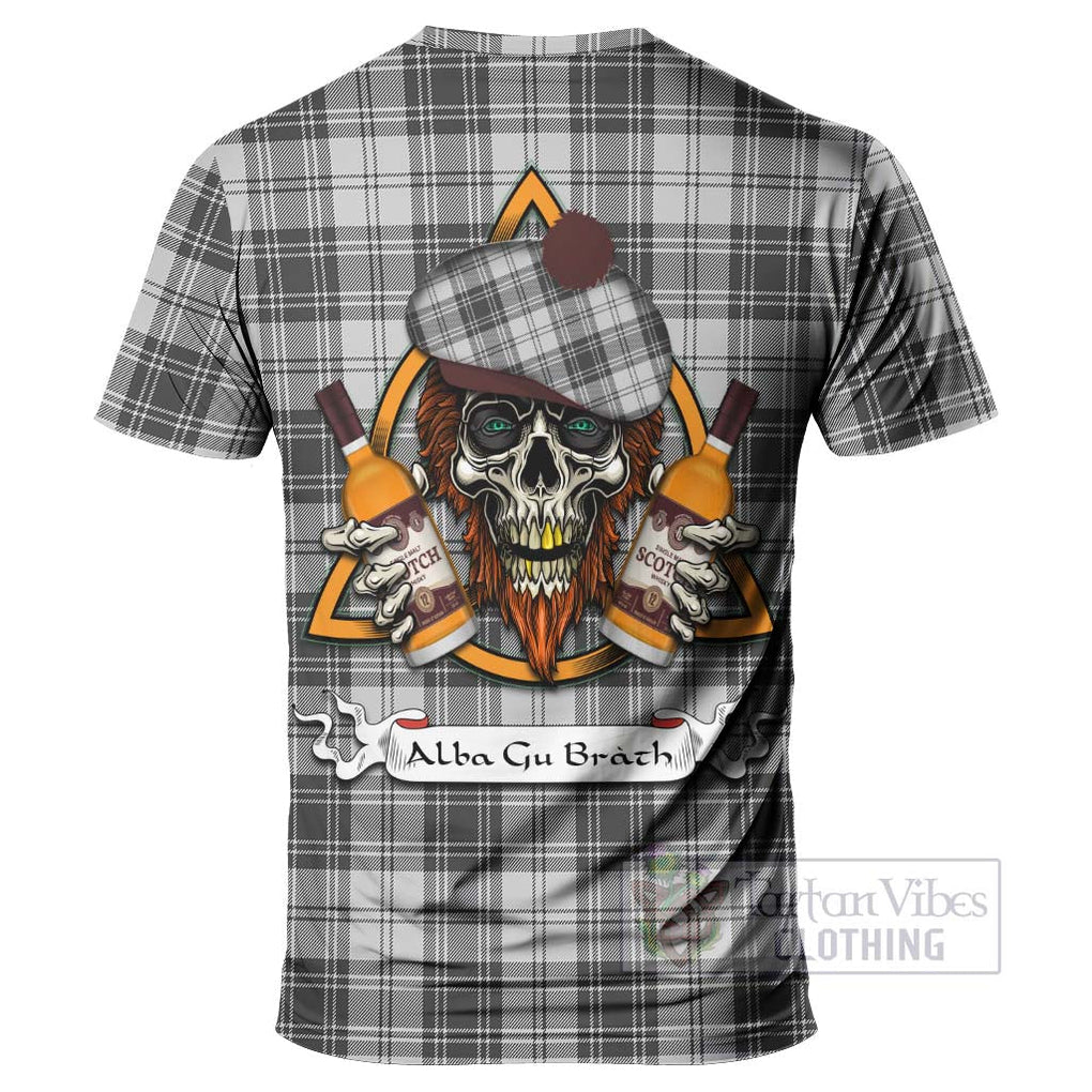 Tartan Vibes Clothing Glen Tartan T-Shirt with Family Crest and Bearded Skull Holding Bottles of Whiskey