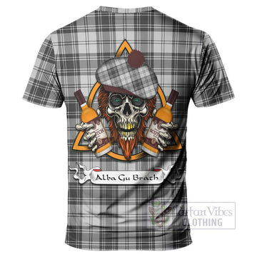 Glen Tartan T-Shirt with Family Crest and Bearded Skull Holding Bottles of Whiskey