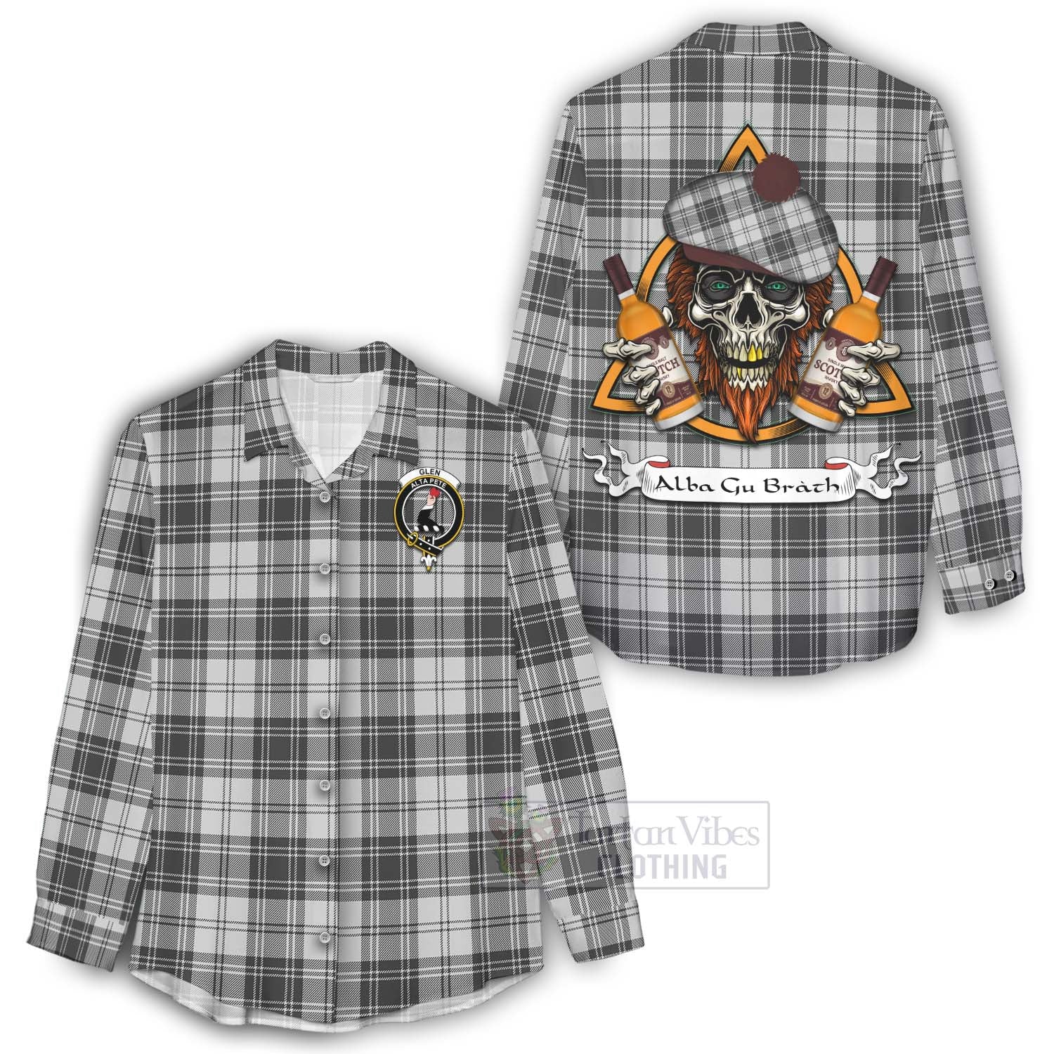 Tartan Vibes Clothing Glen Tartan Women's Casual Shirt with Family Crest and Bearded Skull Holding Bottles of Whiskey