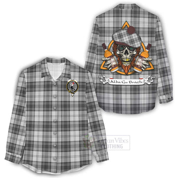 Glen Tartan Women's Casual Shirt with Family Crest and Bearded Skull Holding Bottles of Whiskey