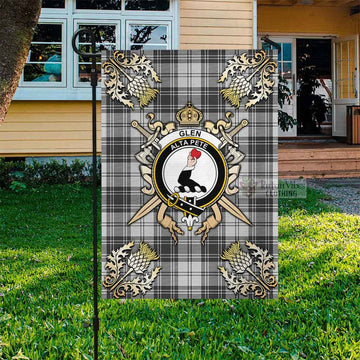 Glen Tartan Flag with Family Crest and Golden Thistle Crossed Sword Design