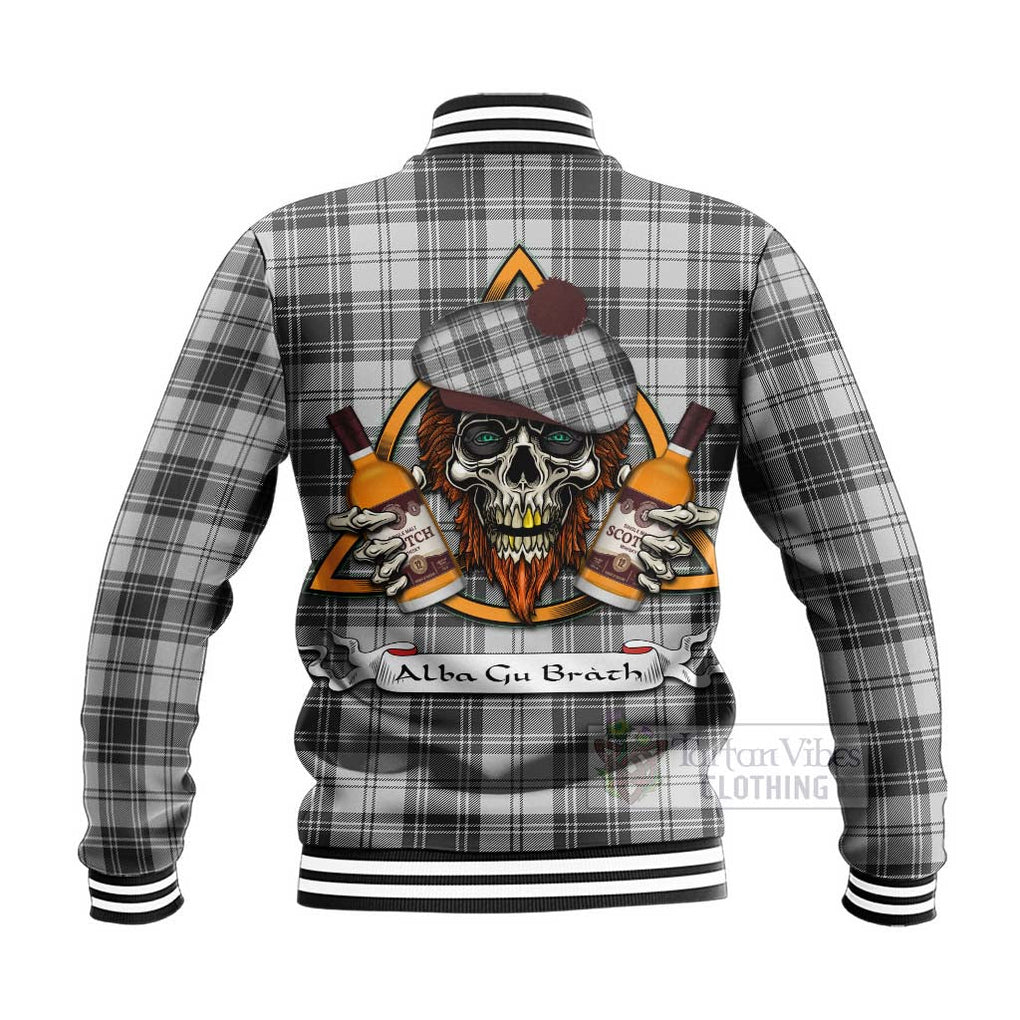 Tartan Vibes Clothing Glen Tartan Baseball Jacket with Family Crest and Bearded Skull Holding Bottles of Whiskey