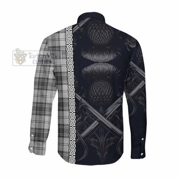 Glen Tartan Long Sleeve Button Shirt with Family Crest Cross Sword Thistle Celtic Vibes