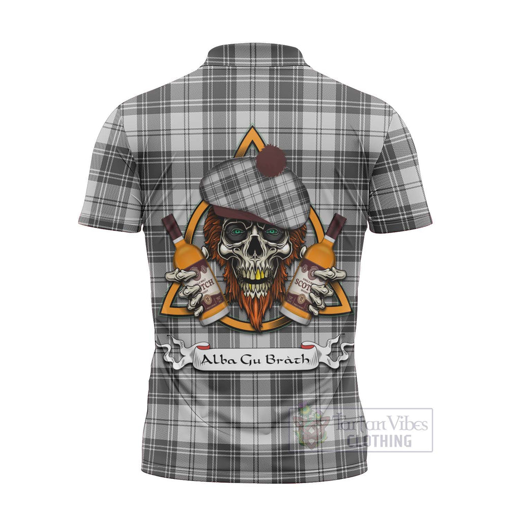 Tartan Vibes Clothing Glen Tartan Zipper Polo Shirt with Family Crest and Bearded Skull Holding Bottles of Whiskey