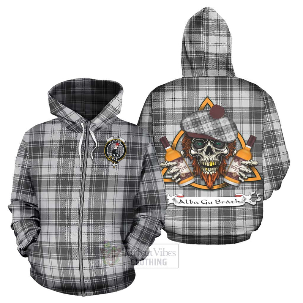 Tartan Vibes Clothing Glen Tartan Hoodie with Family Crest and Bearded Skull Holding Bottles of Whiskey